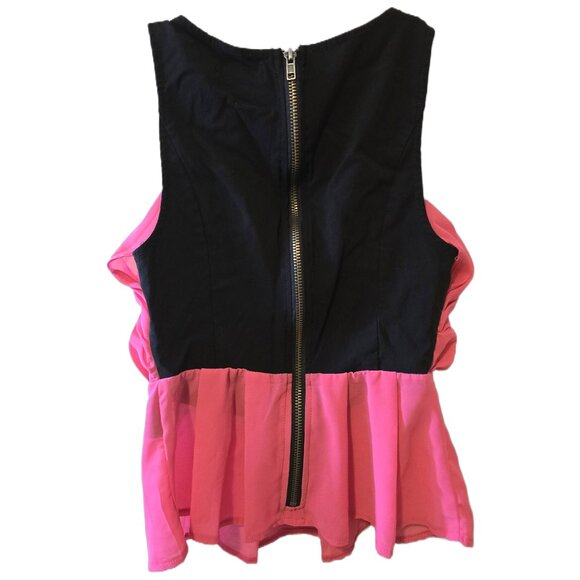 Y2K Black Pink Peplum Top Layered Cut out Ruffle Zip Up Blouse Party Glam Sz XS - Picture 5 of 5